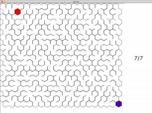 This animation shows a hexagonal maze being solved by a DFS algorithm.